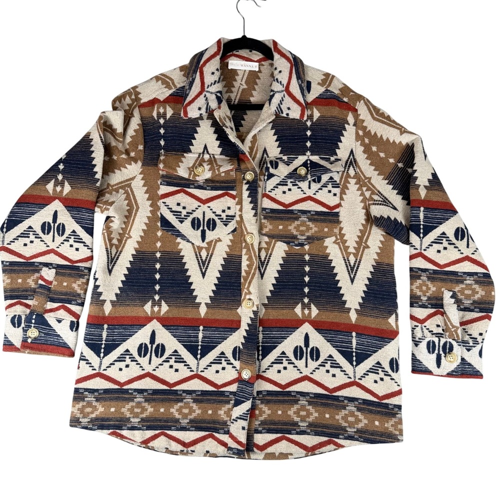 Shop Wanna B Womens Southwestern Geometric Shacket Navy Rust Tan Large